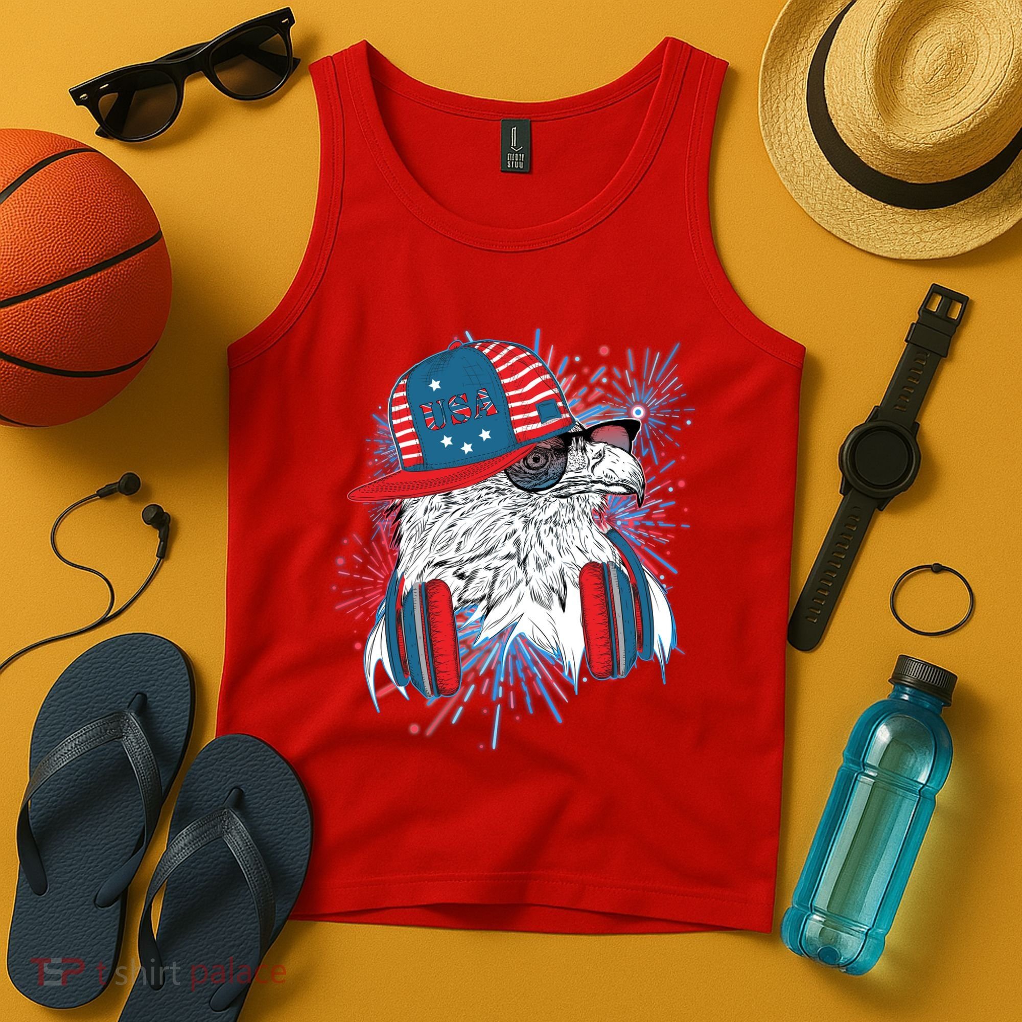 USA American Flag Fireworks Hip Hop Headphones Eagle Tank Top