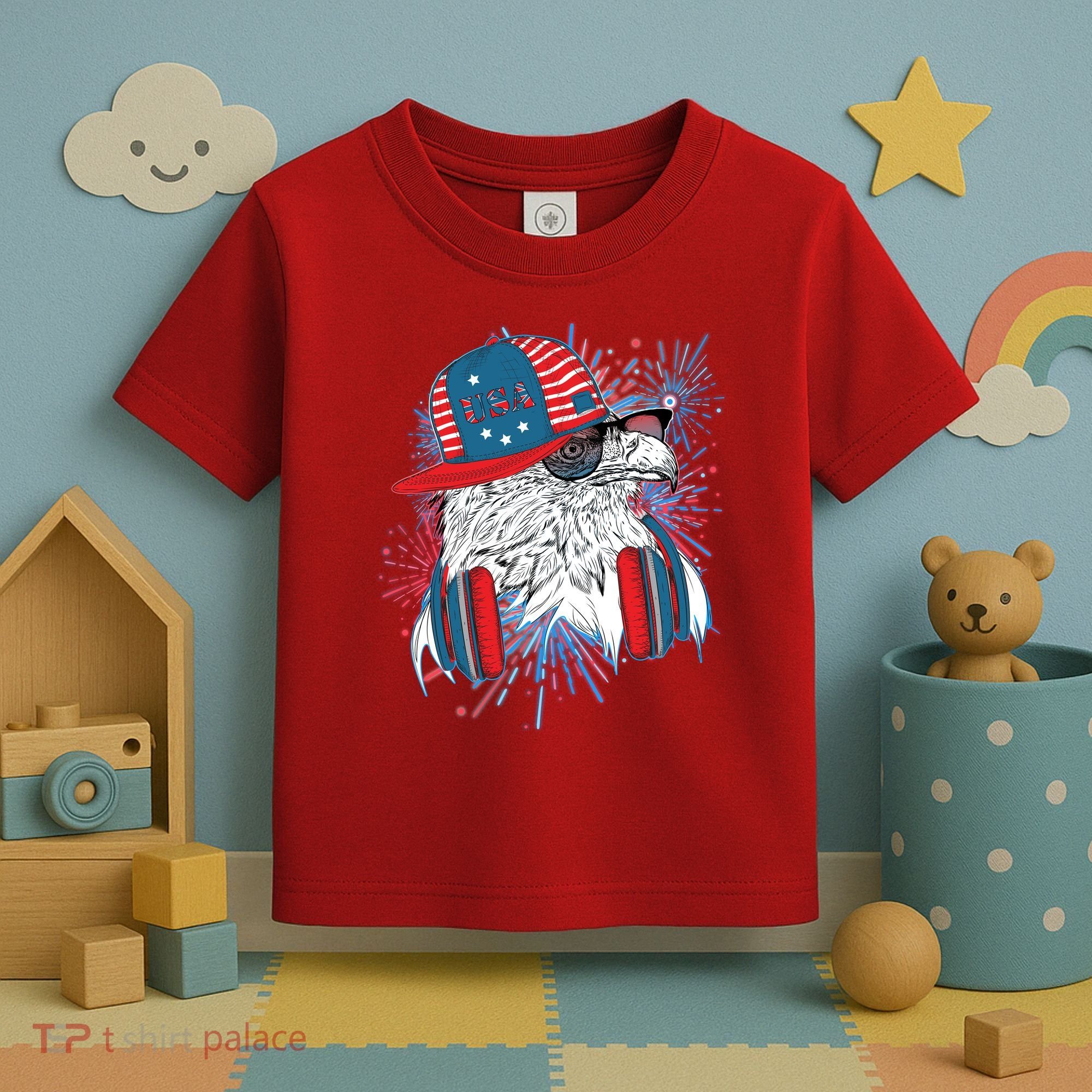 USA American Flag Fireworks Hip Hop Headphones Eagle Toddler T-Shirt