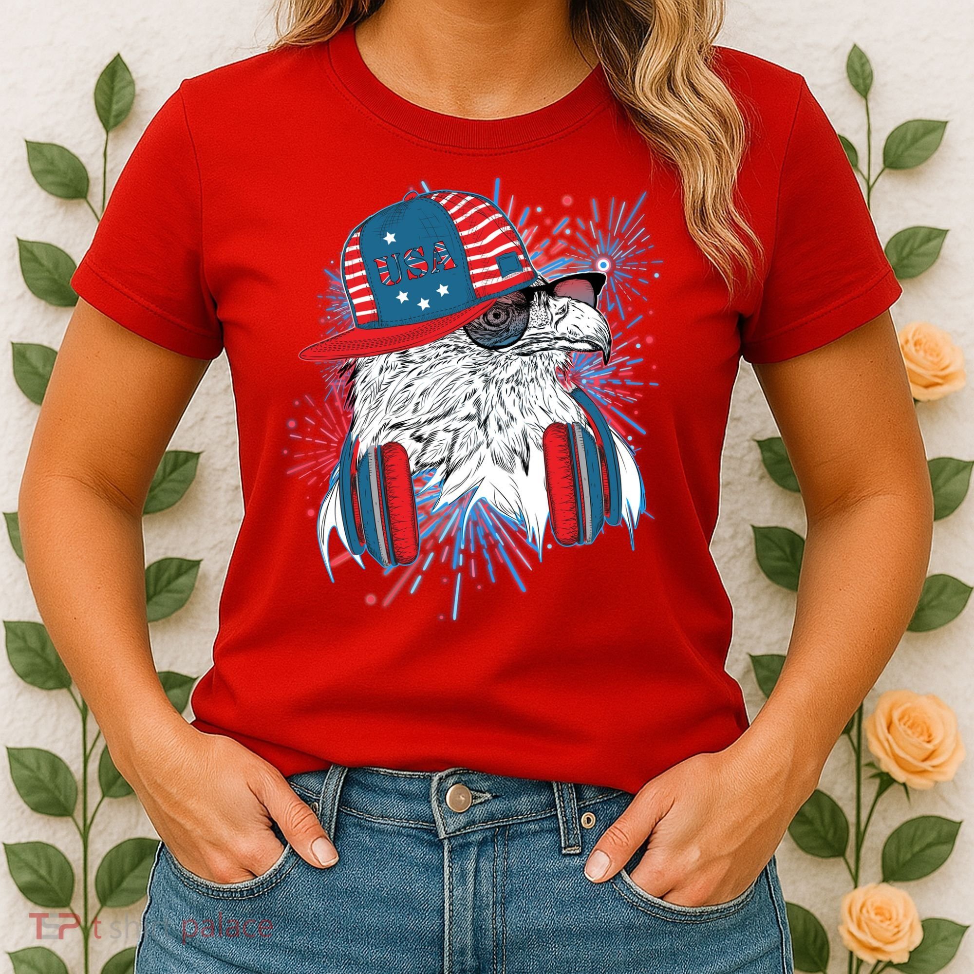 USA American Flag Fireworks Hip Hop Headphones Eagle Women's T-Shirt