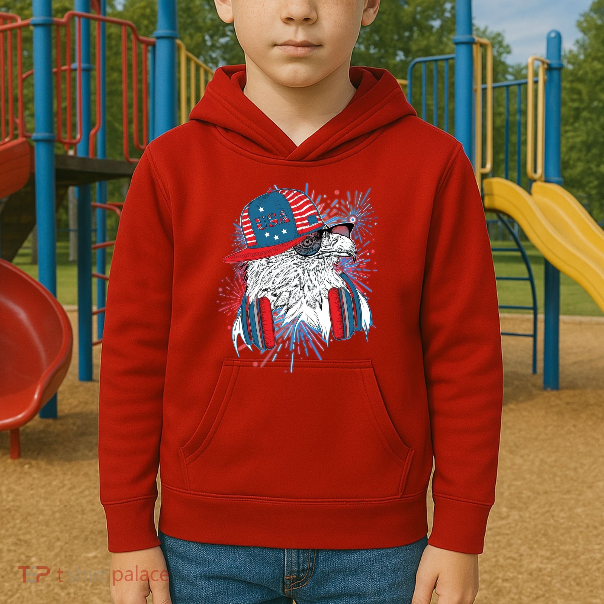 USA American Flag Fireworks Hip Hop Headphones Eagle Kids Hoodie