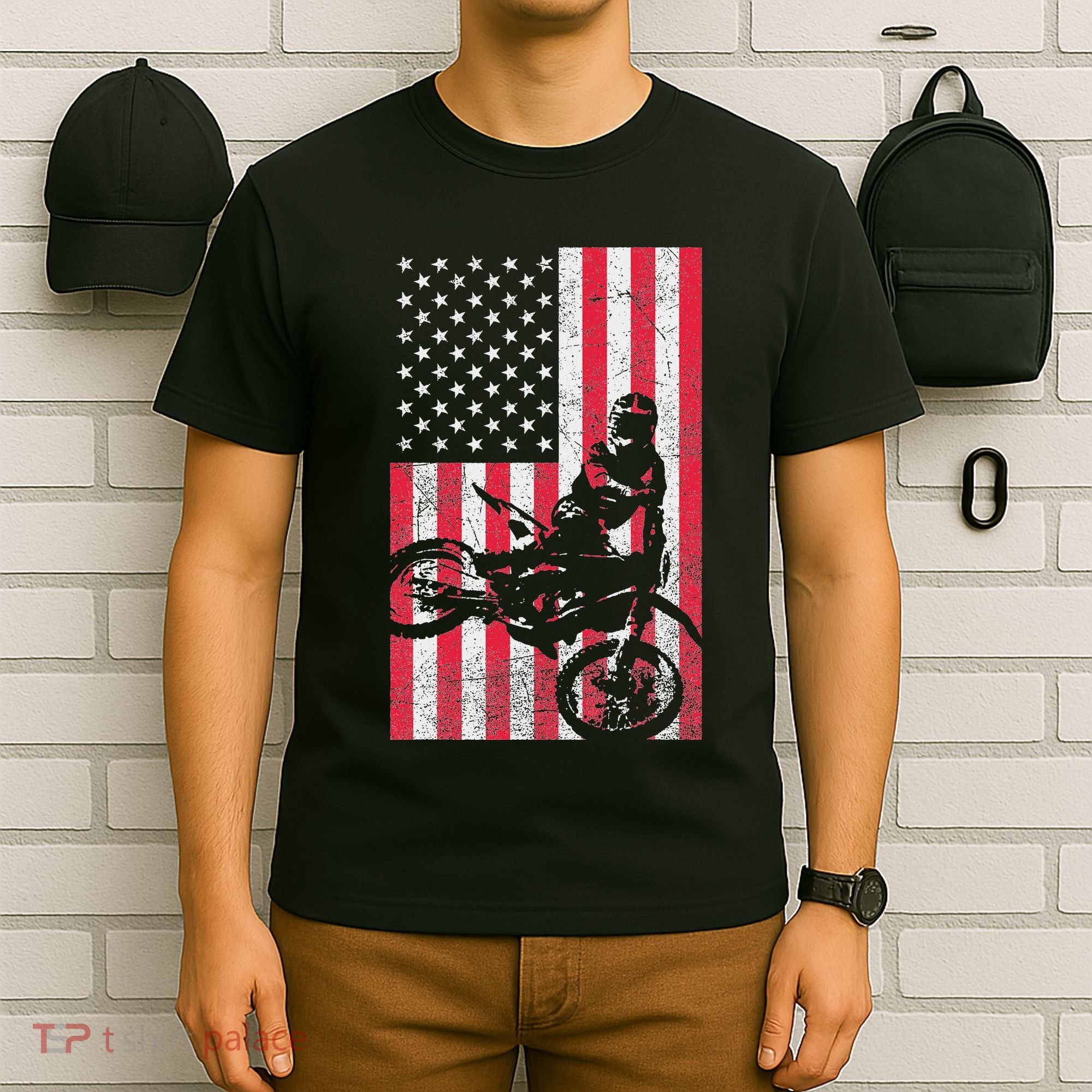 Usa American Flag Dirt Bike Red White Blue 4th Of July Top T-Shirt