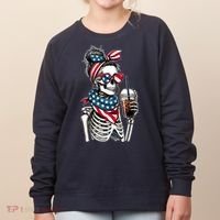 USA America Flag Skeleton Lady Coffee Lover Women's Sweatshirt thumb 0