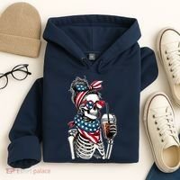 USA America Flag Skeleton Lady Coffee Lover Hoodie thumb 4