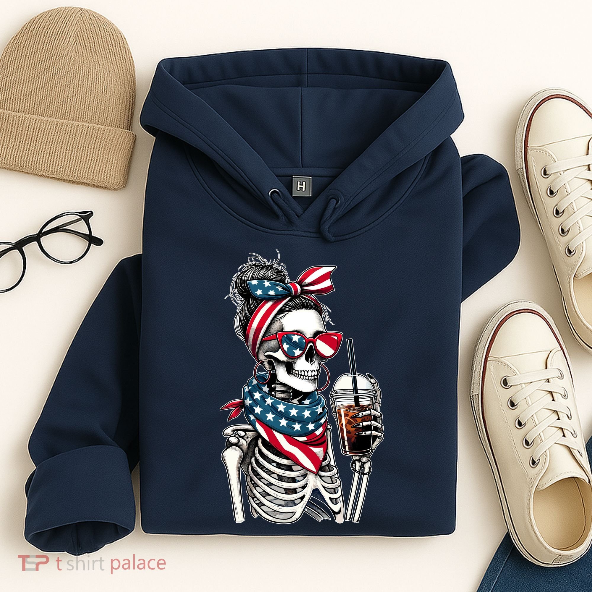 USA America Flag Skeleton Lady Coffee Lover Hoodie