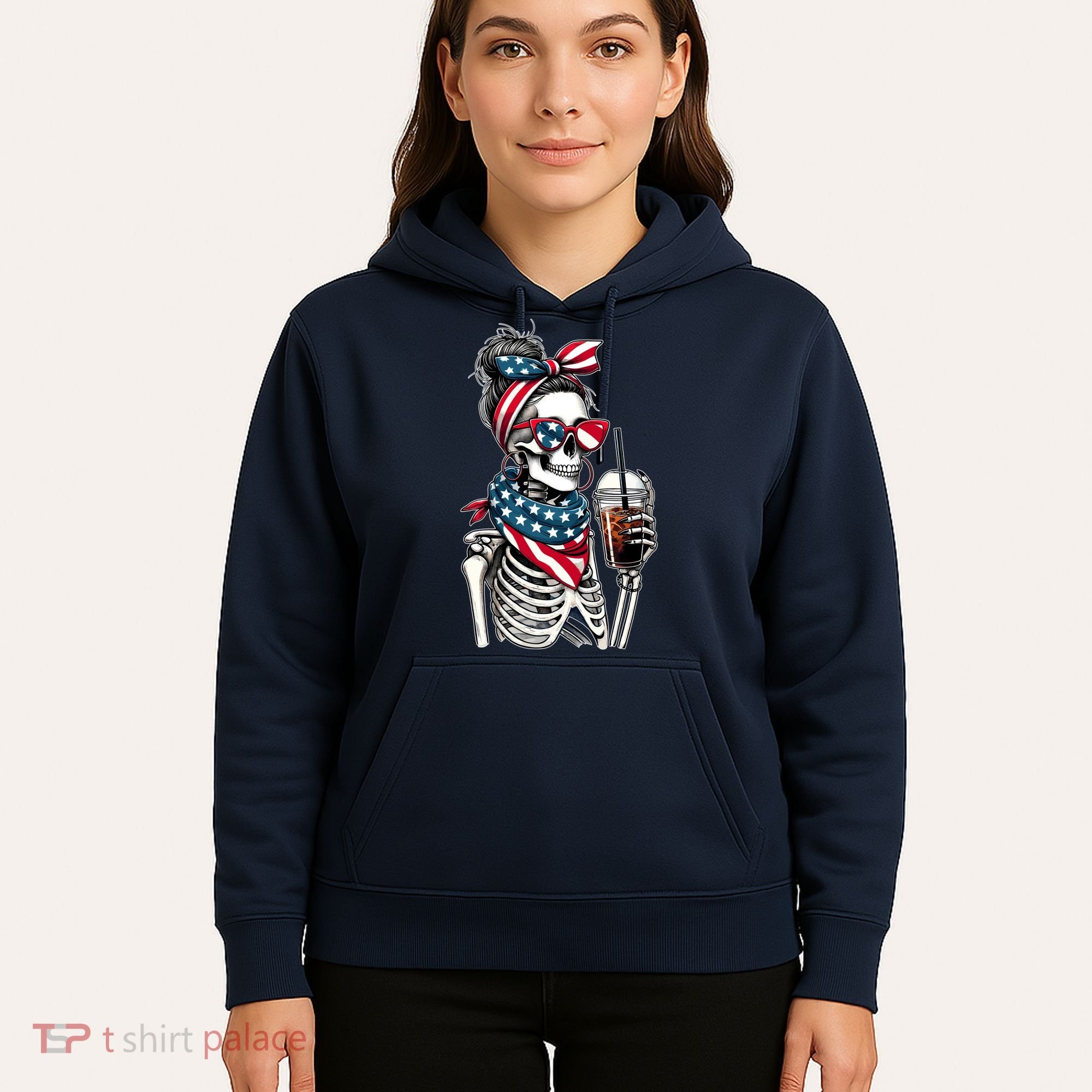 USA America Flag Skeleton Lady Coffee Lover Hoodie