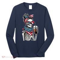 USA America Flag Skeleton Lady Coffee Lover Long Sleeve Shirt thumb 0
