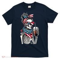 USA America Flag Skeleton Lady Coffee Lover T-Shirt thumb 0
