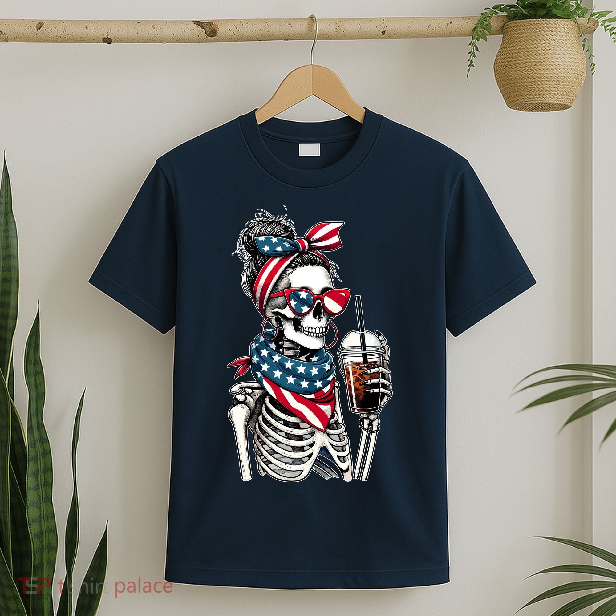 USA America Flag Skeleton Lady Coffee Lover T-Shirt