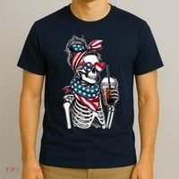 USA America Flag Skeleton Lady Coffee Lover T-Shirt thumb 3