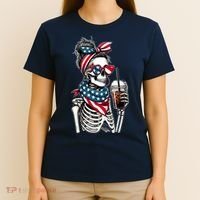 USA America Flag Skeleton Lady Coffee Lover T-Shirt thumb 4