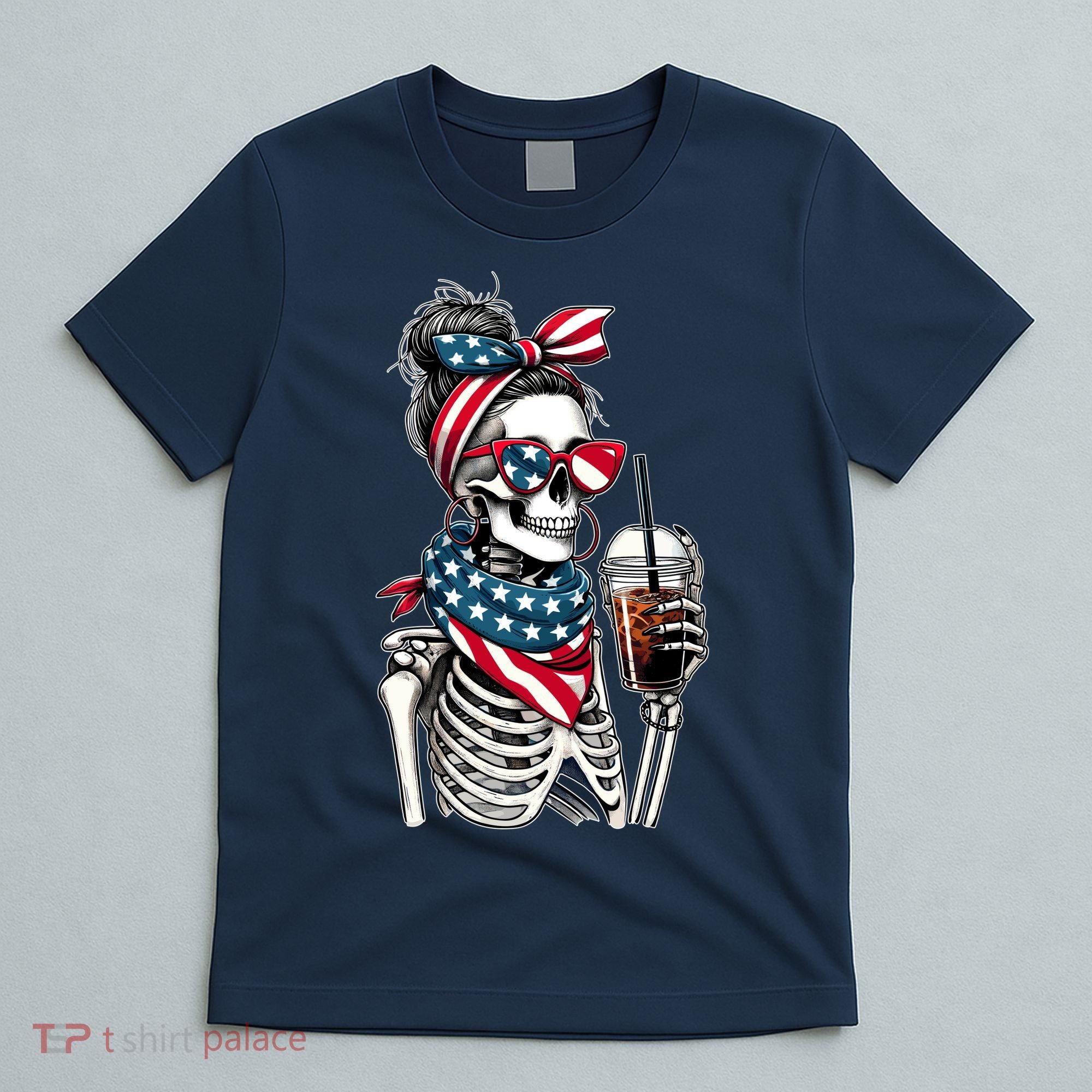 USA America Flag Skeleton Lady Coffee Lover T-Shirt