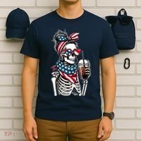 USA America Flag Skeleton Lady Coffee Lover T-Shirt thumb 6
