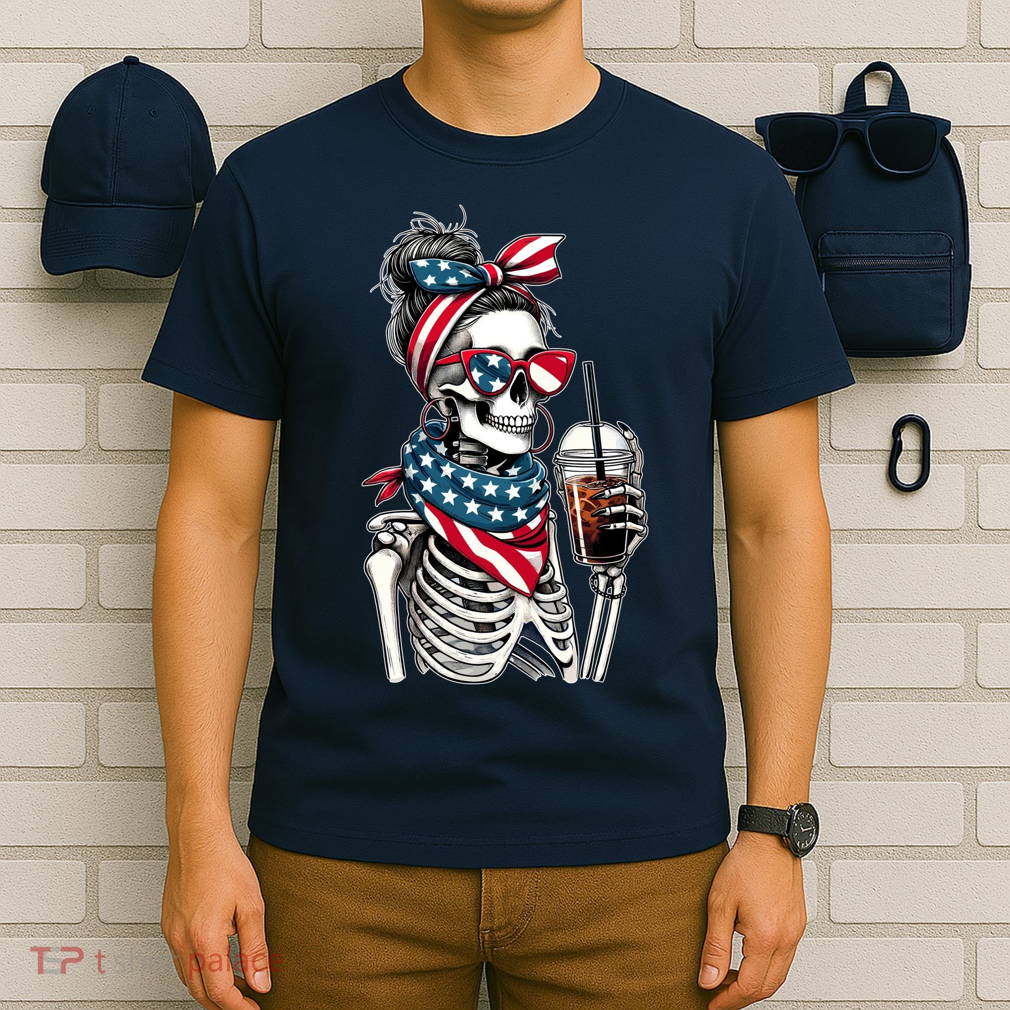 USA America Flag Skeleton Lady Coffee Lover T-Shirt