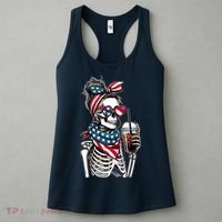 USA America Flag Skeleton Lady Coffee Lover Women's Tank Top thumb 3