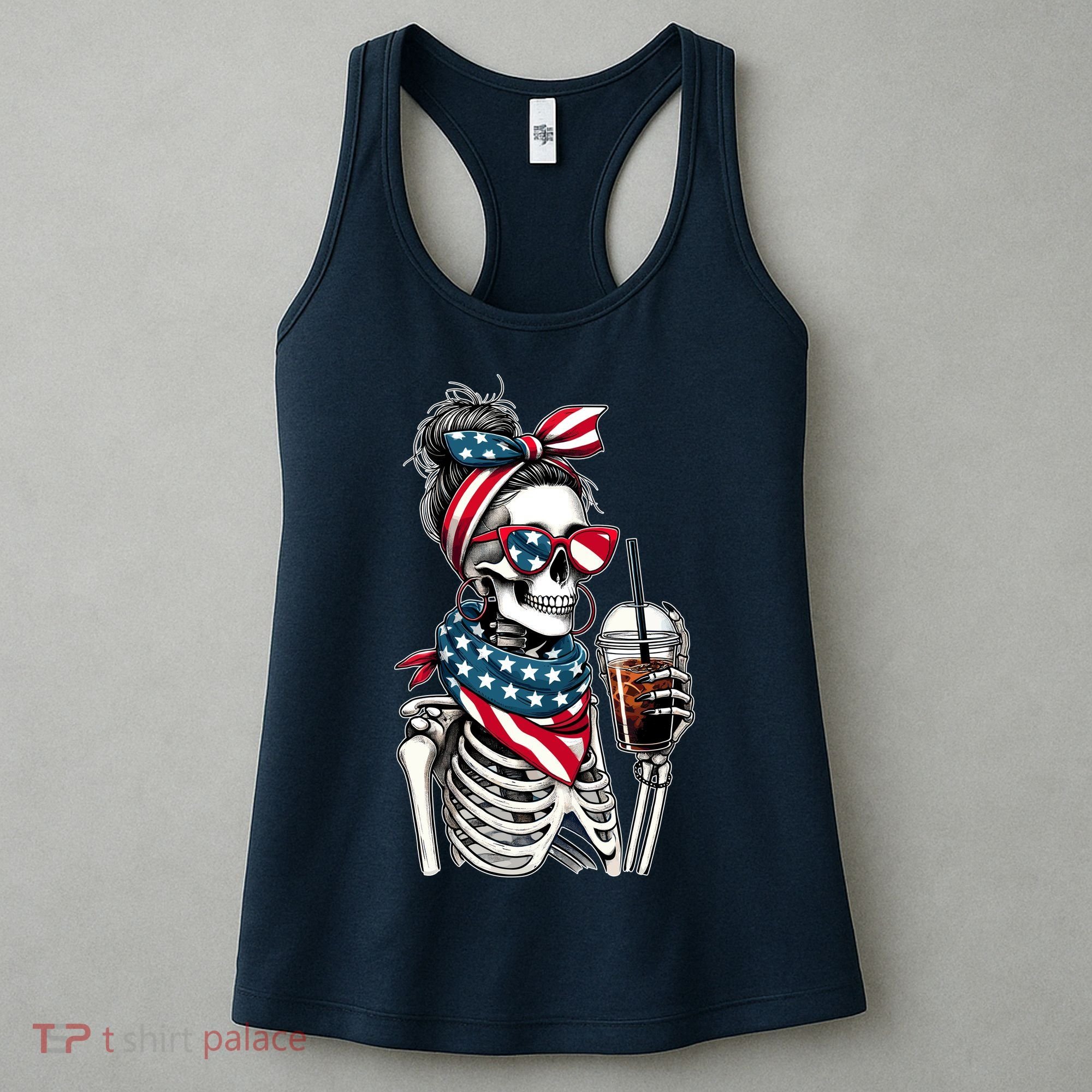 USA America Flag Skeleton Lady Coffee Lover Women's Tank Top