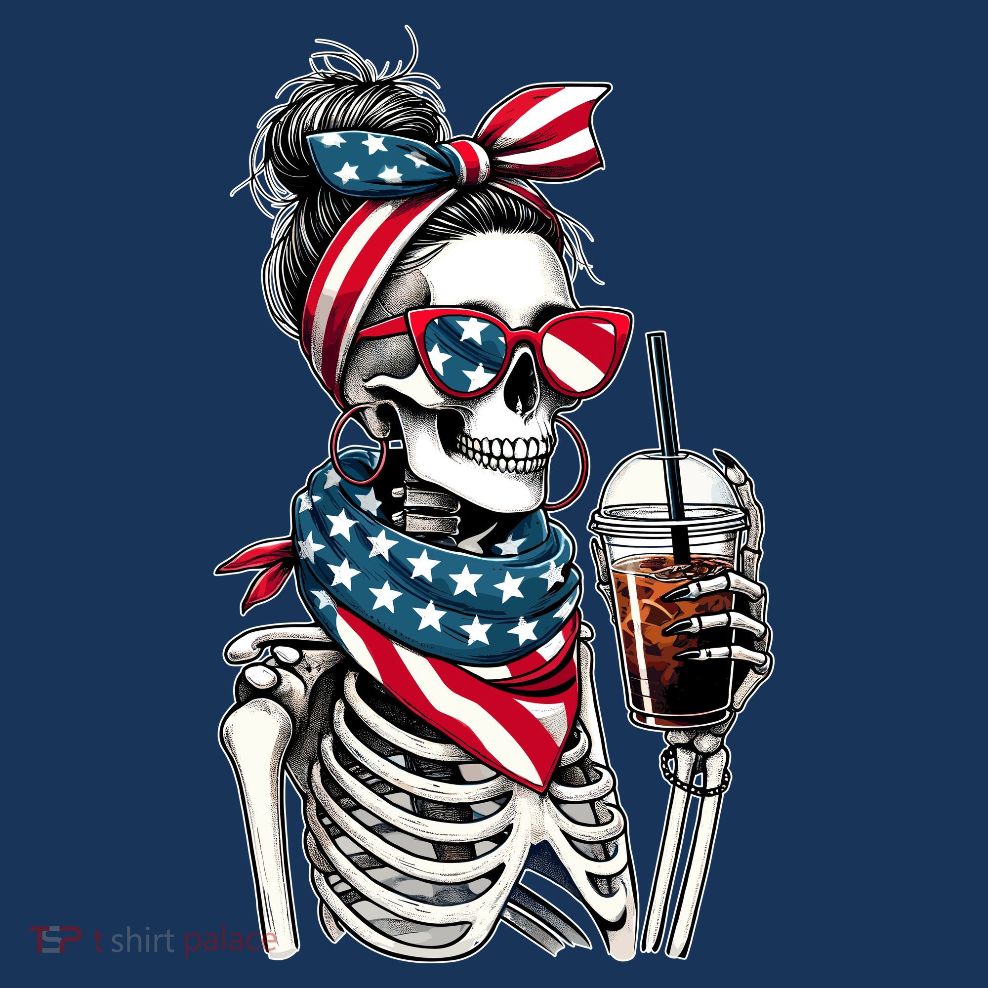USA America Flag Skeleton Lady Coffee Lover Women's Tank Top