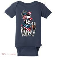 USA America Flag Skeleton Lady Coffee Lover Baby Bodysuit thumb 0