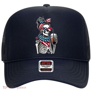 USA America Flag Skeleton Lady Coffee Lover Hat