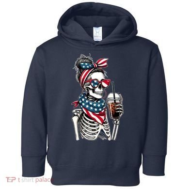 USA America Flag Skeleton Lady Coffee Lover Toddler Hoodie