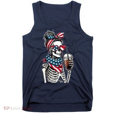 USA America Flag Skeleton Lady Coffee Lover Tank Top