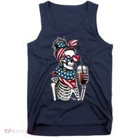 USA America Flag Skeleton Lady Coffee Lover Tank Top thumb 0