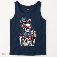 USA America Flag Skeleton Lady Coffee Lover Tank Top thumb 2