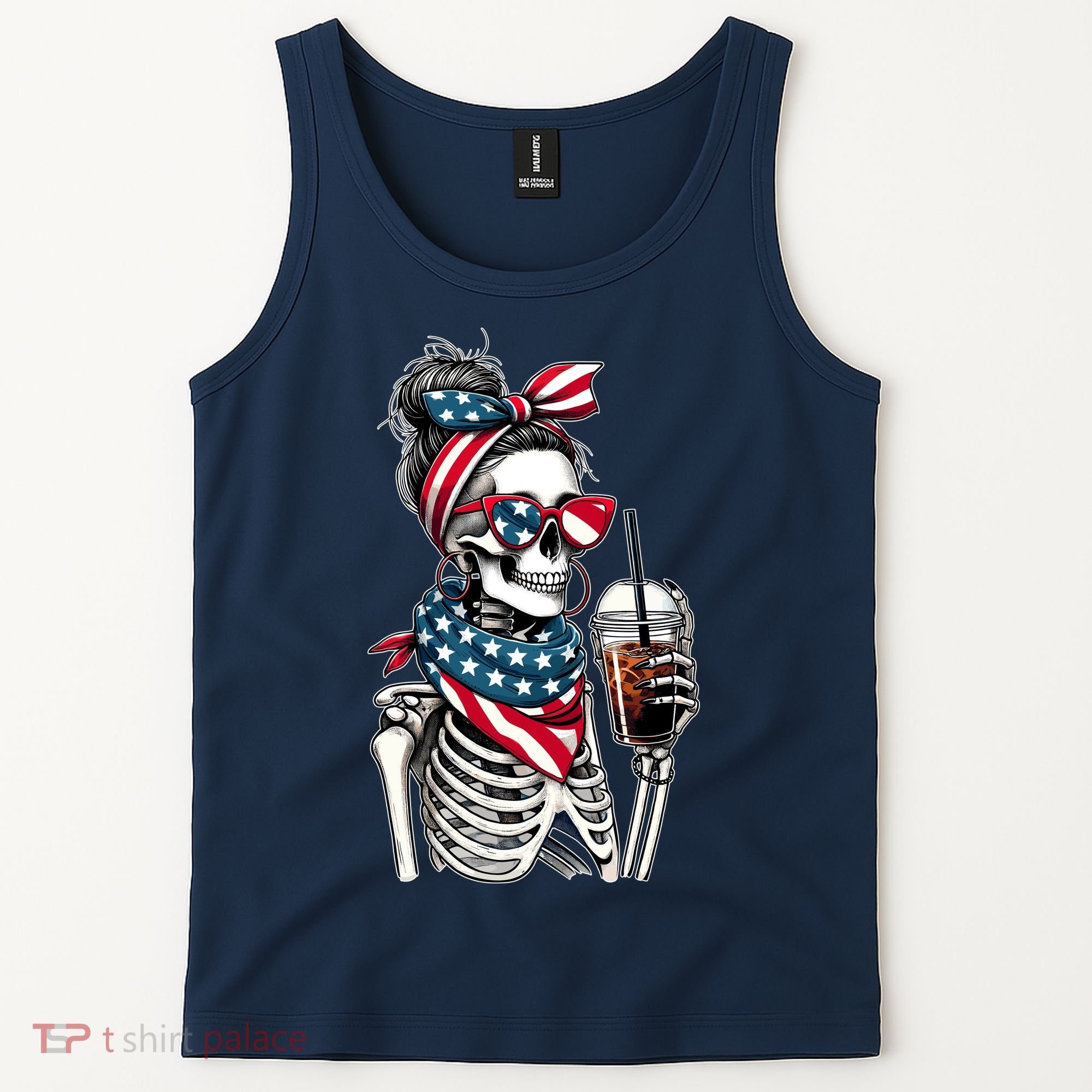 USA America Flag Skeleton Lady Coffee Lover Tank Top
