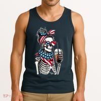 USA America Flag Skeleton Lady Coffee Lover Tank Top thumb 3