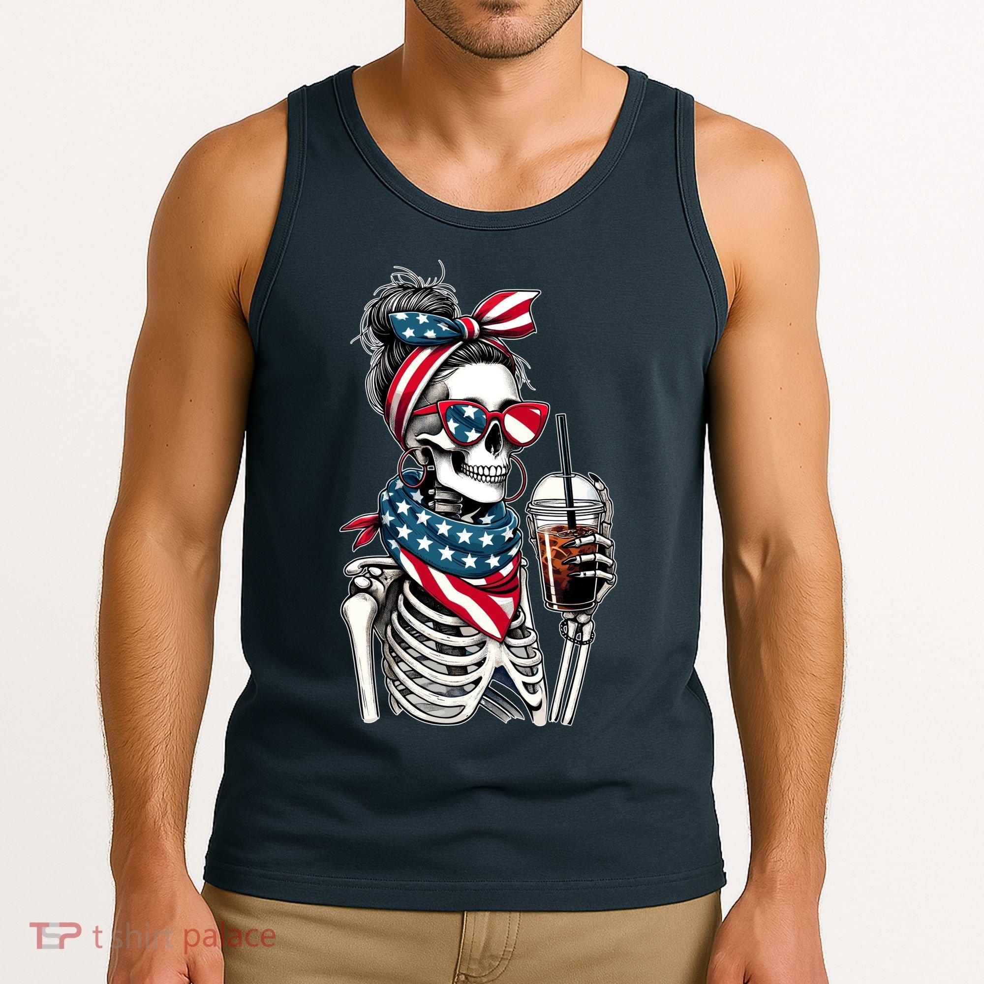 USA America Flag Skeleton Lady Coffee Lover Tank Top