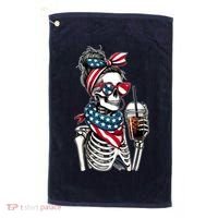 USA America Flag Skeleton Lady Coffee Lover Golf Towel thumb 0