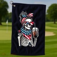 USA America Flag Skeleton Lady Coffee Lover Golf Towel thumb 1