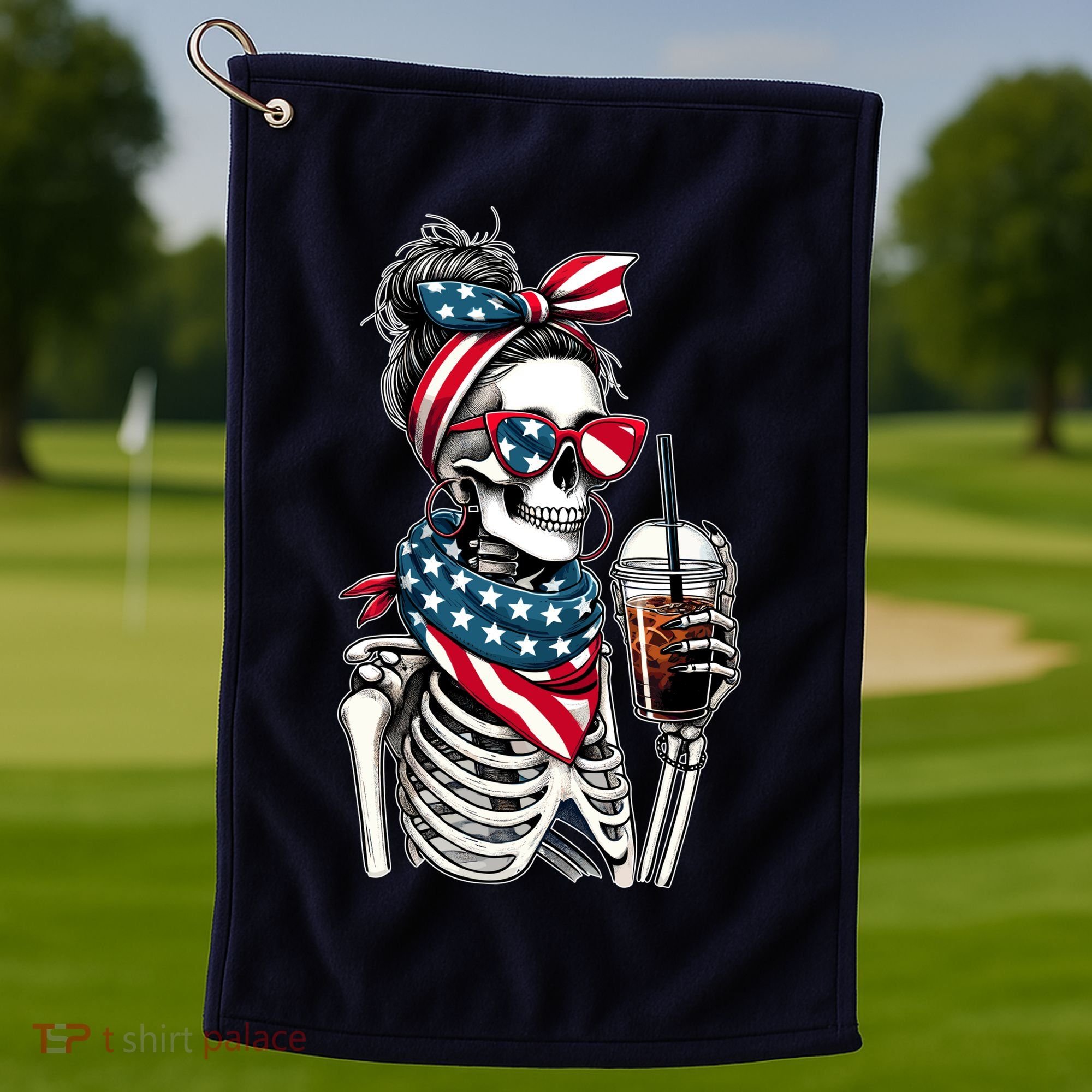 USA America Flag Skeleton Lady Coffee Lover Golf Towel