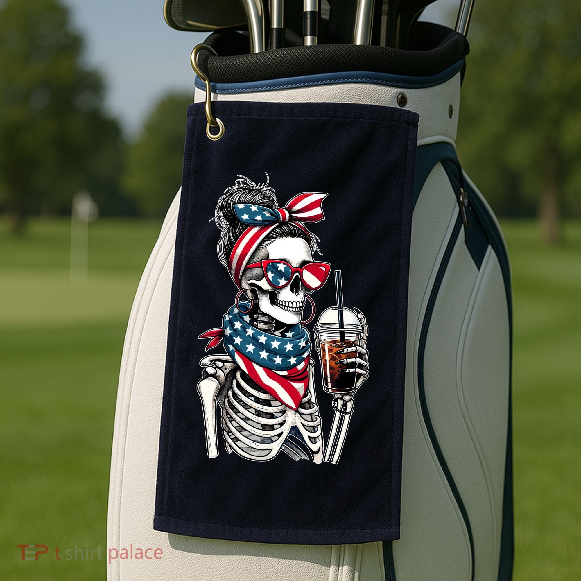 USA America Flag Skeleton Lady Coffee Lover Golf Towel
