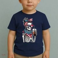 USA America Flag Skeleton Lady Coffee Lover Toddler T-Shirt thumb 2