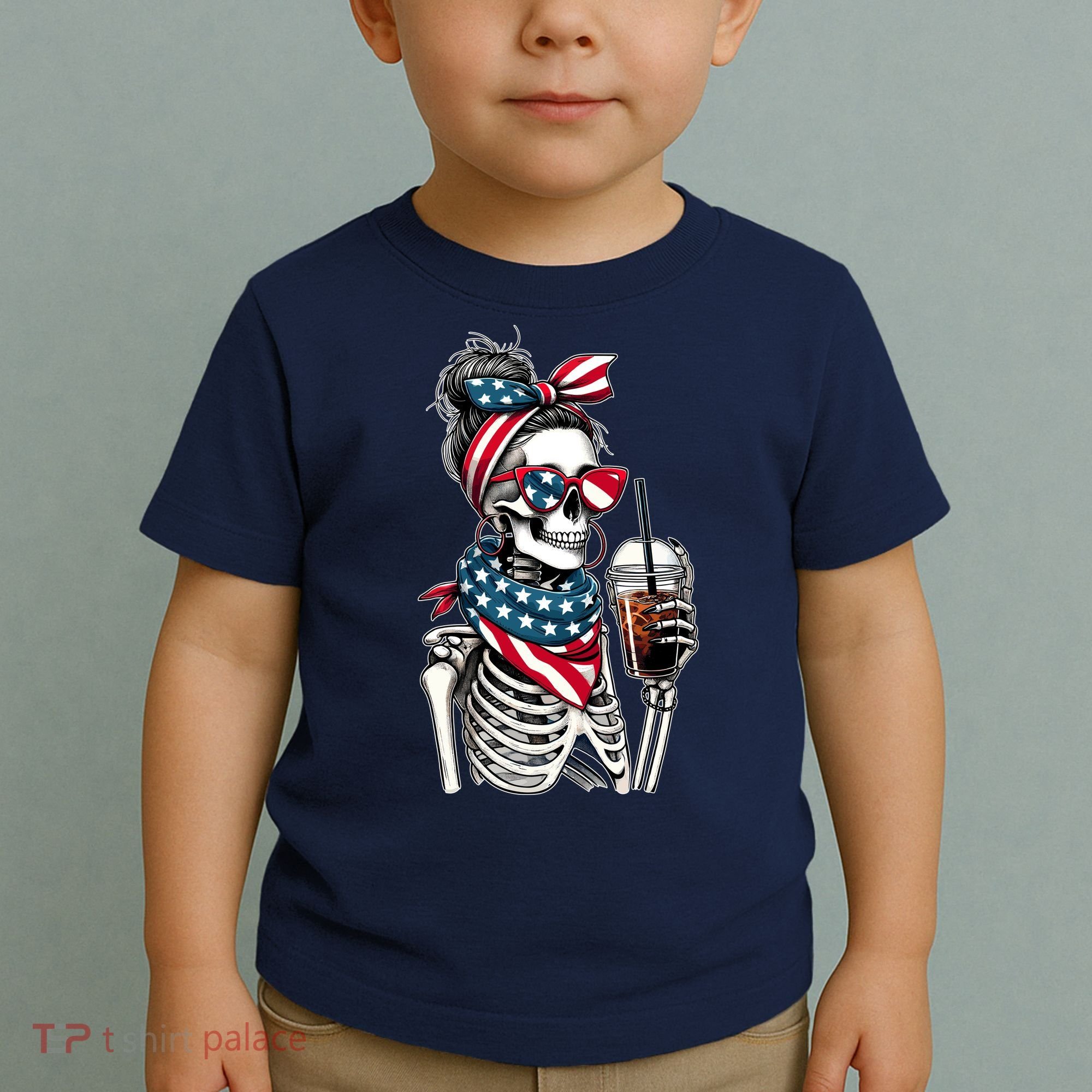 USA America Flag Skeleton Lady Coffee Lover Toddler T-Shirt