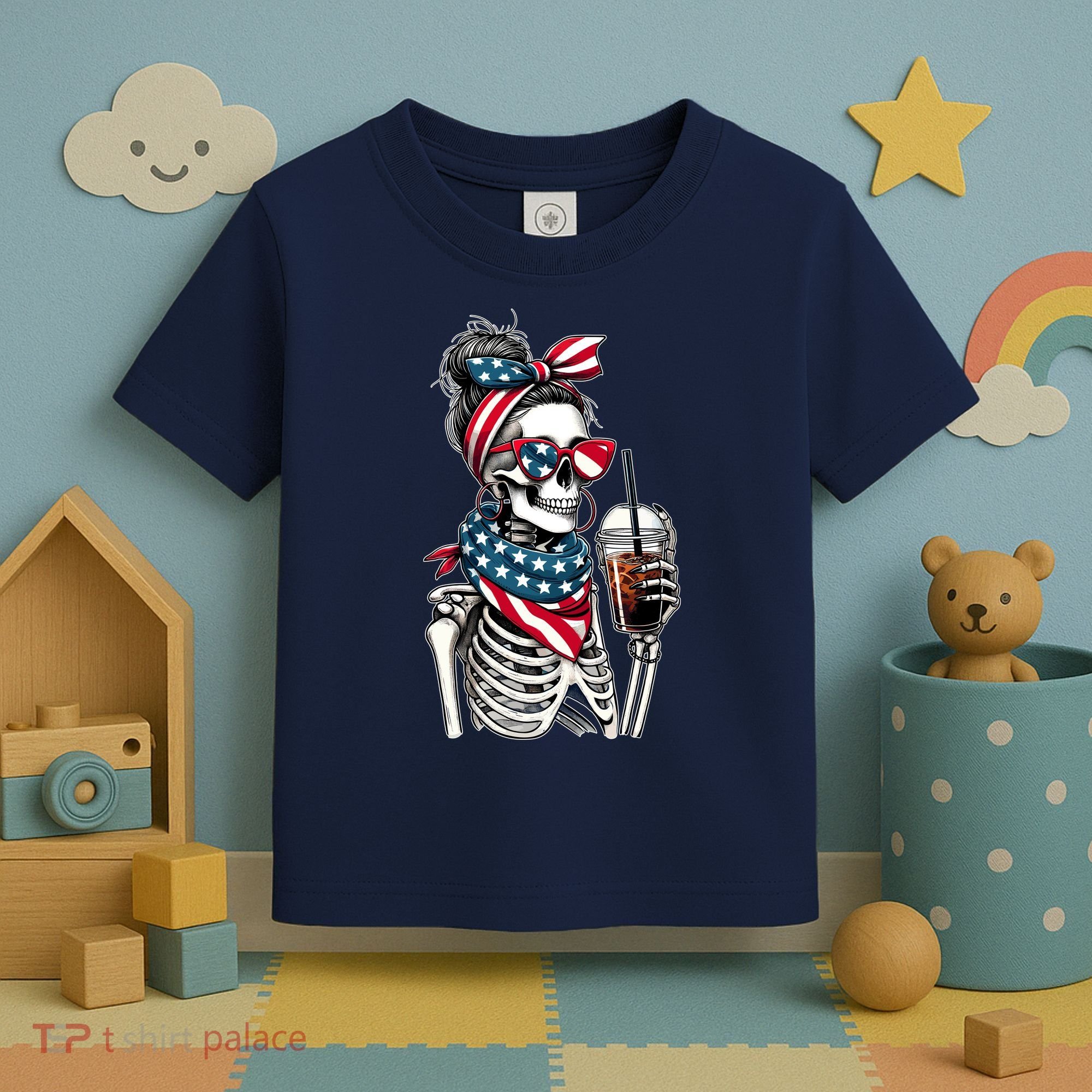 USA America Flag Skeleton Lady Coffee Lover Toddler T-Shirt