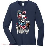 USA America Flag Skeleton Lady Coffee Lover Women's Long Sleeve Shirt thumb 0