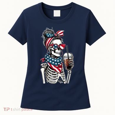 USA America Flag Skeleton Lady Coffee Lover Women's T-Shirt