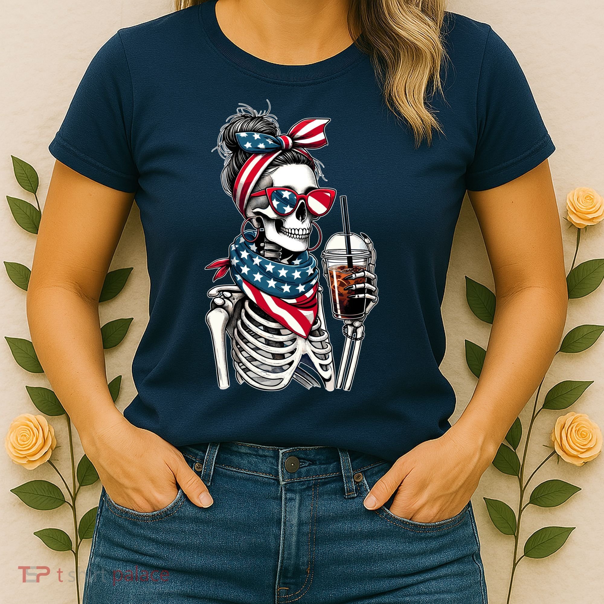 USA America Flag Skeleton Lady Coffee Lover Women's T-Shirt