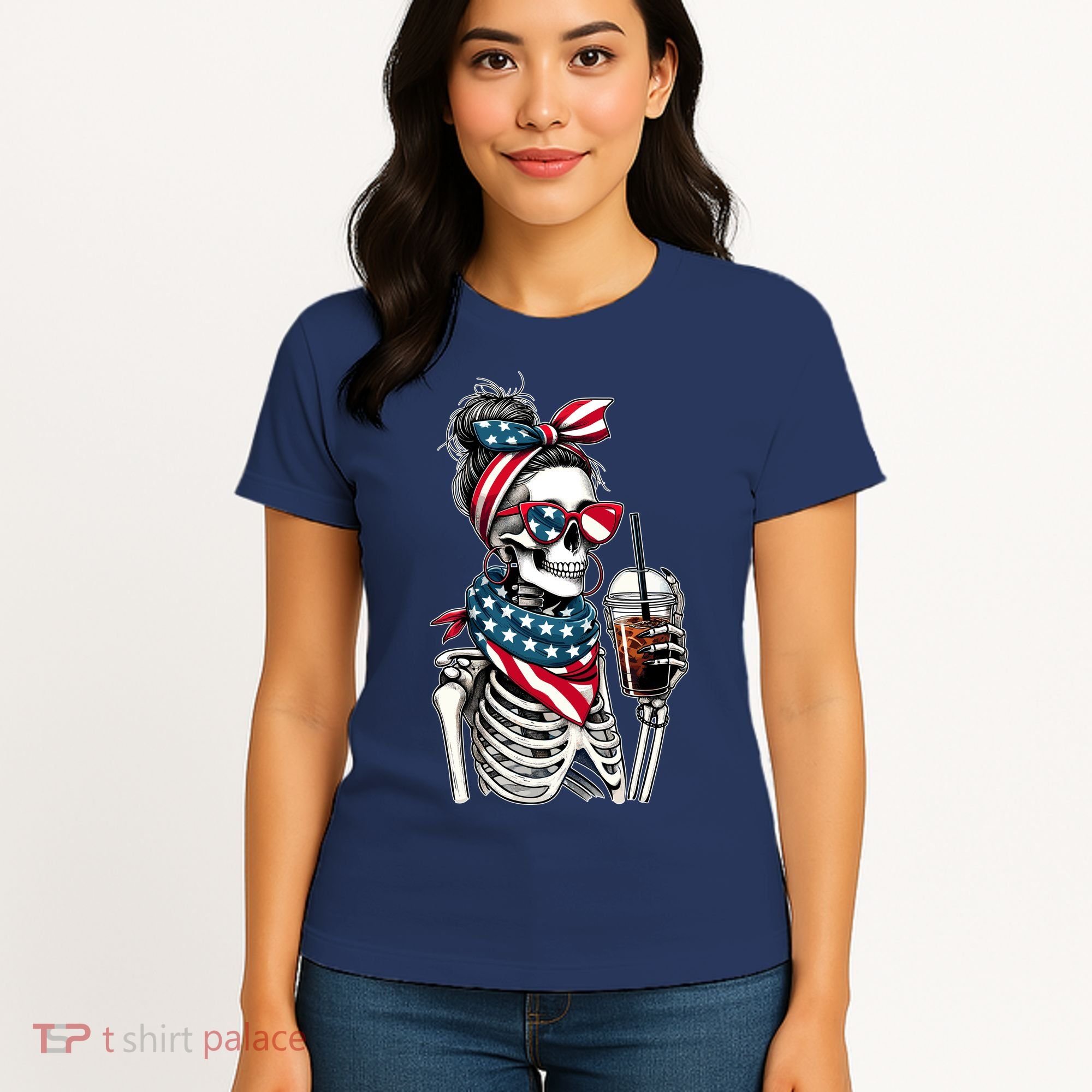 USA America Flag Skeleton Lady Coffee Lover Women's T-Shirt