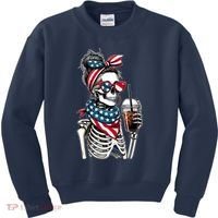USA America Flag Skeleton Lady Coffee Lover Kids Sweatshirt thumb 0