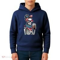USA America Flag Skeleton Lady Coffee Lover Kids Hoodie thumb 4