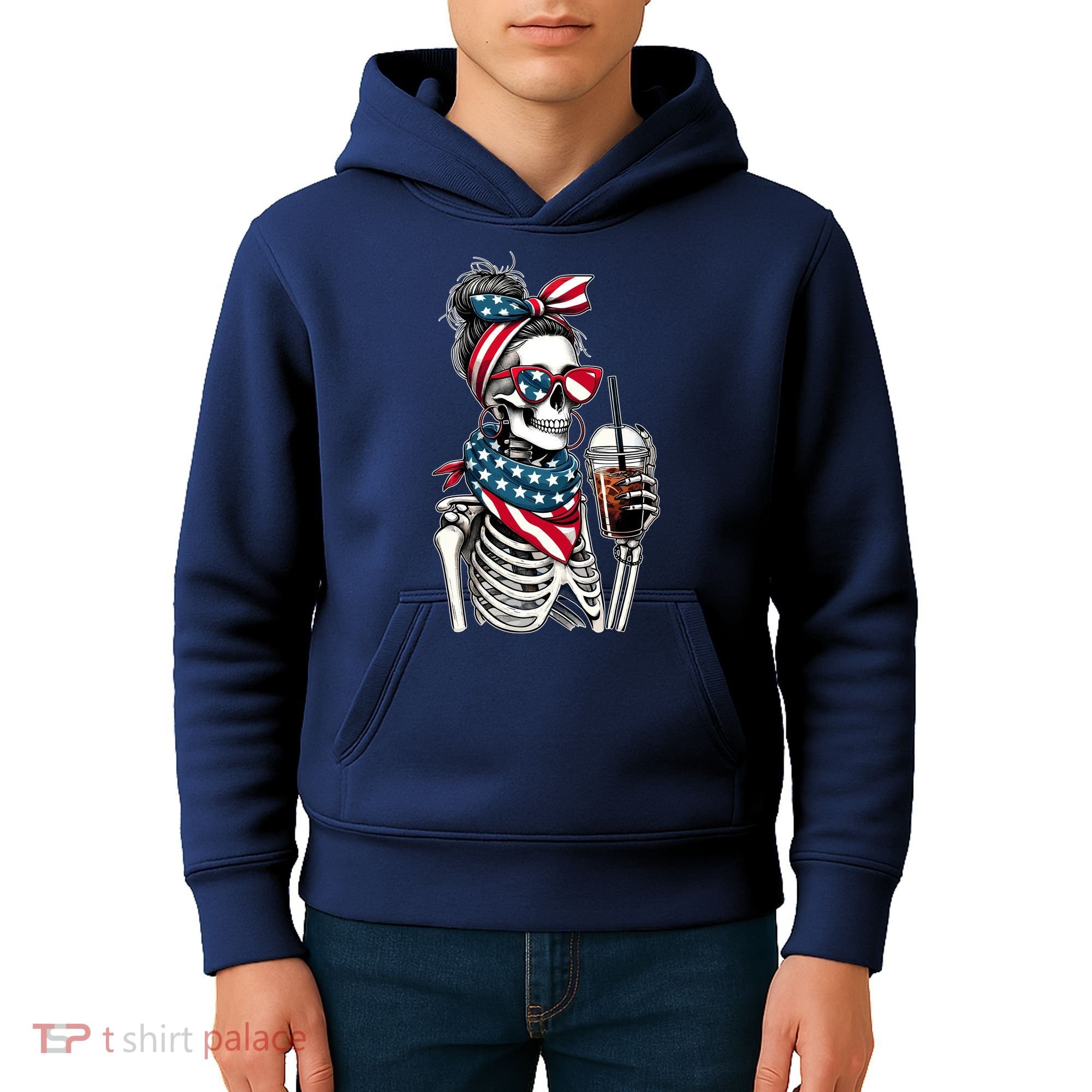 USA America Flag Skeleton Lady Coffee Lover Kids Hoodie