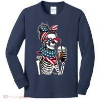 USA America Flag Skeleton Lady Coffee Lover Kids Long Sleeve Shirt thumb 0