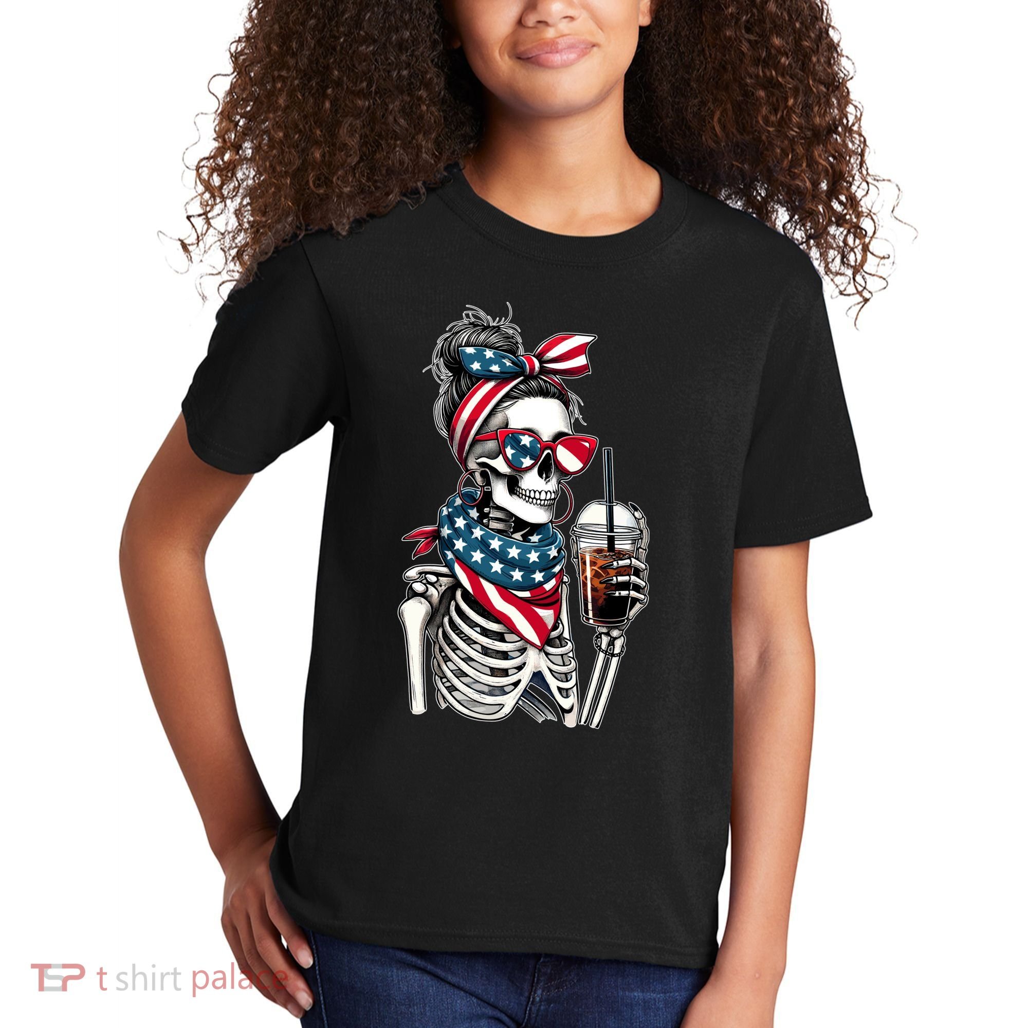 USA America Flag Skeleton Lady Coffee Lover Kids T-Shirt