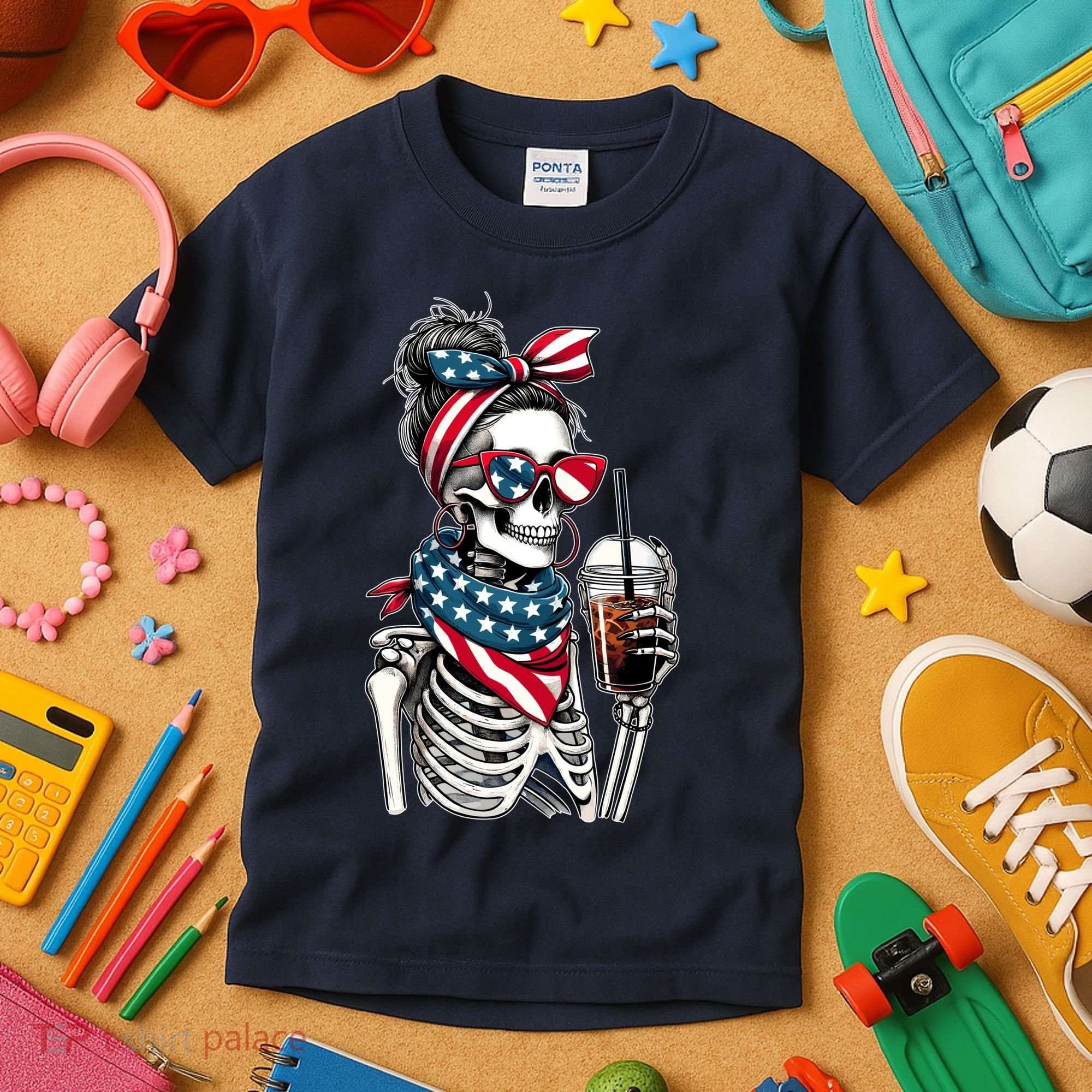 USA America Flag Skeleton Lady Coffee Lover Kids T-Shirt