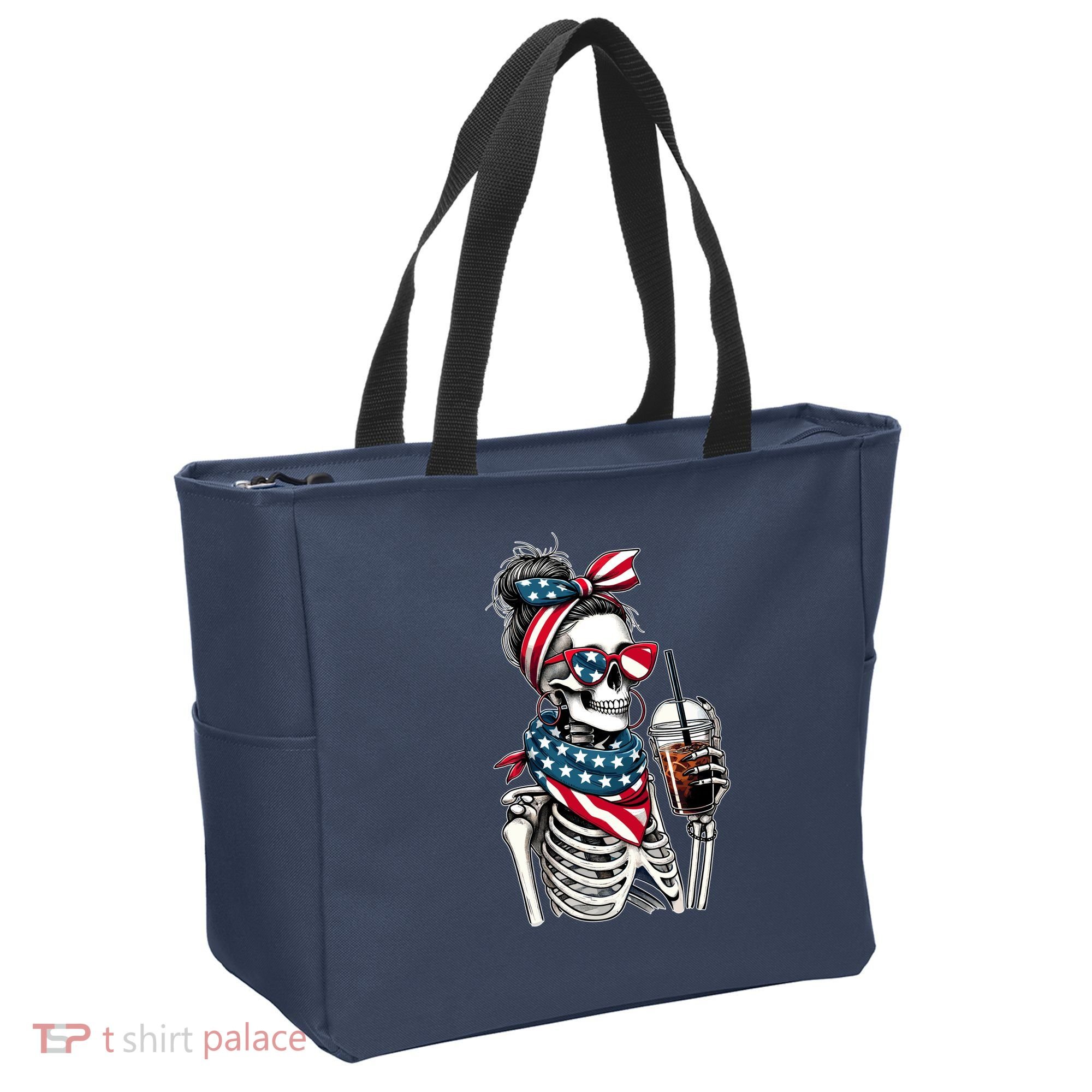 USA America Flag Skeleton Lady Coffee Lover Tote Bag