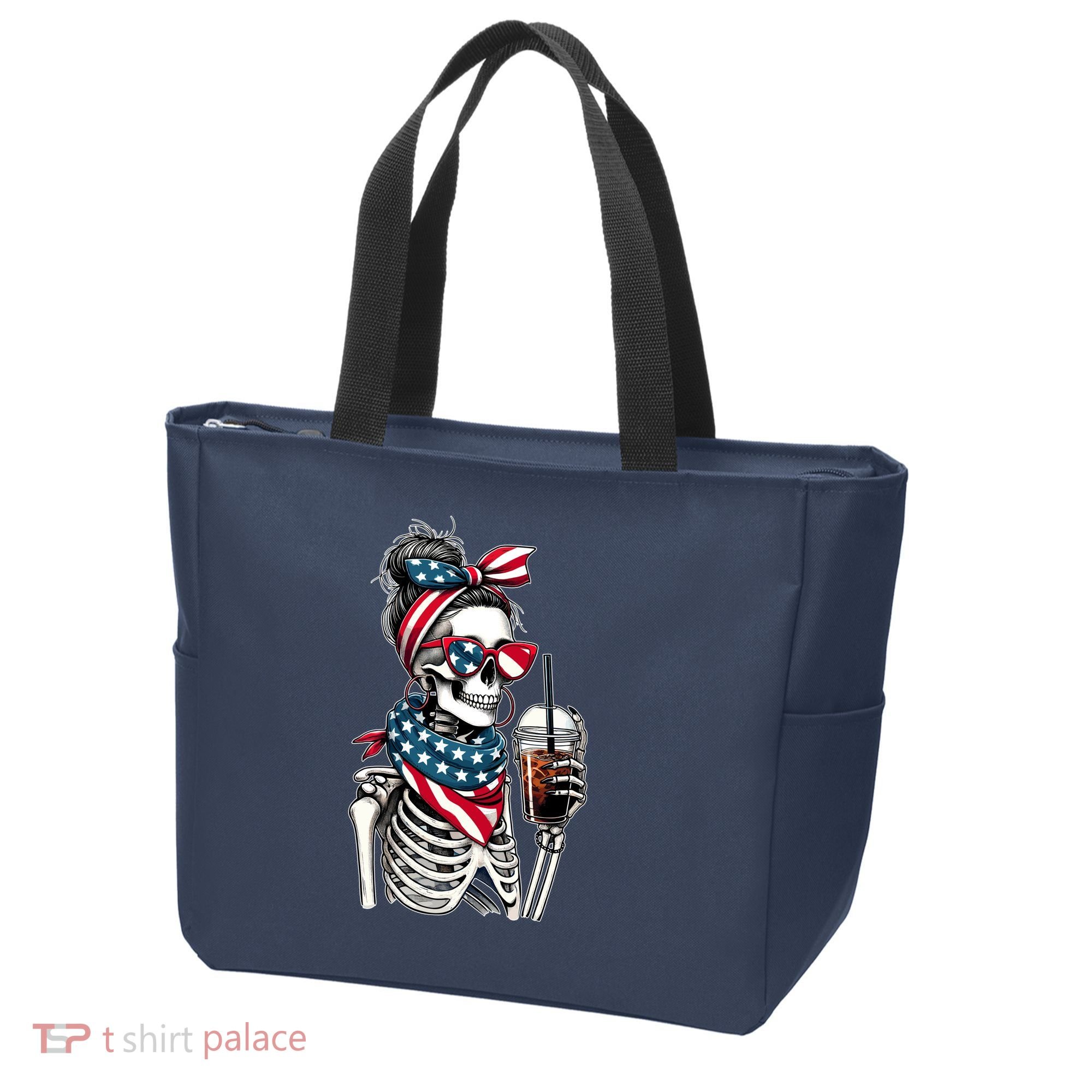 USA America Flag Skeleton Lady Coffee Lover Tote Bag