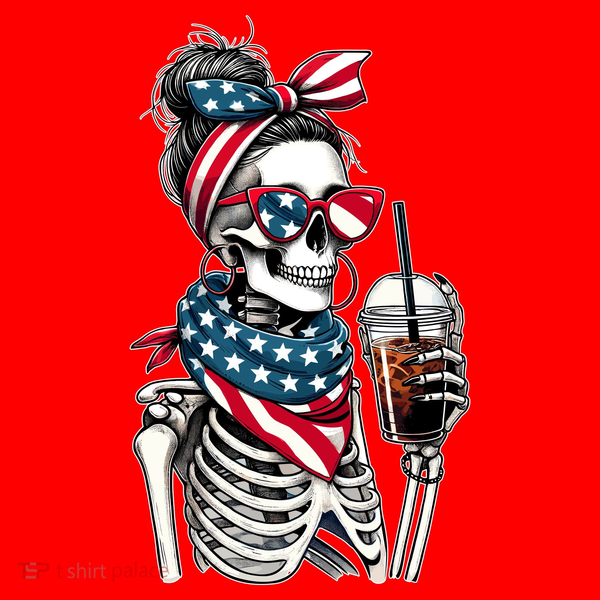 USA America Flag Skeleton Lady Coffee Lover Santa Hat