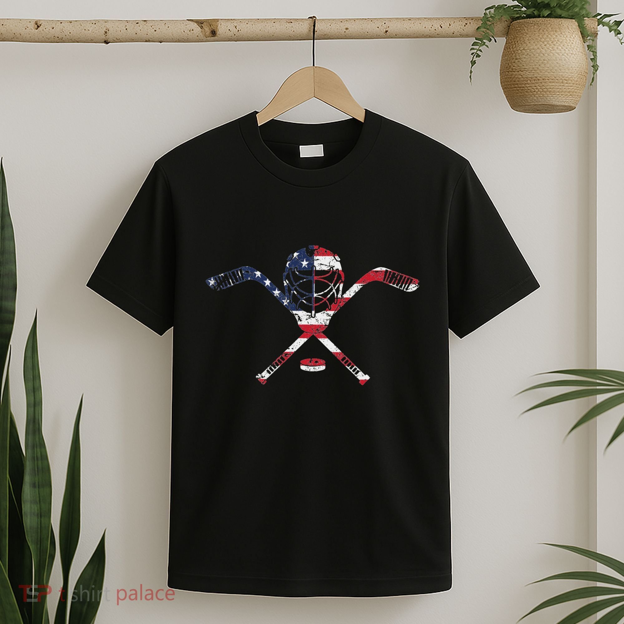 Usa American Flag Ice Hockey Goalie Mask Stick Patriotic T-Shirt